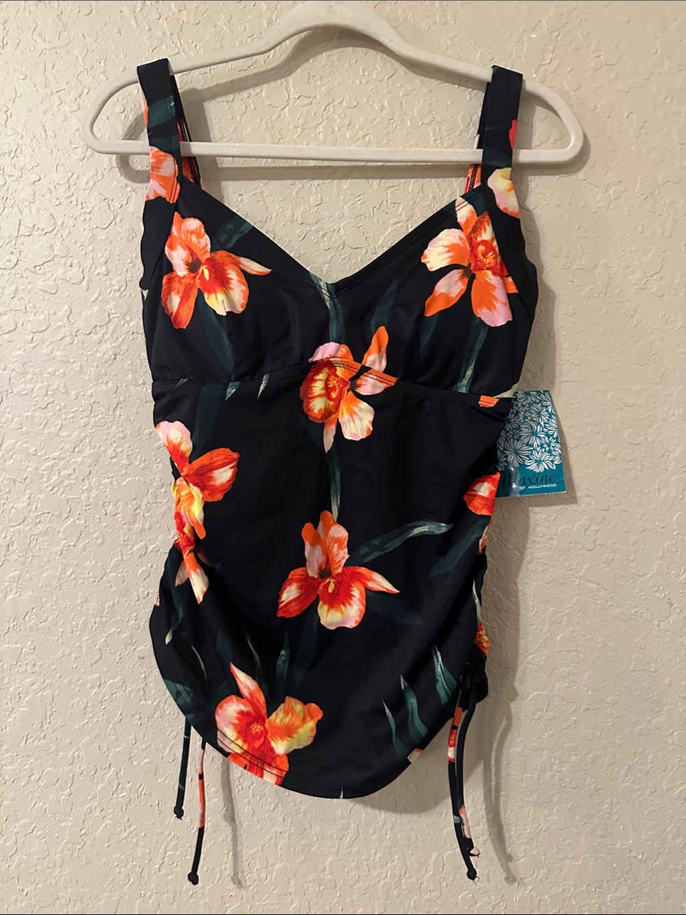 Maxine of Hollywood Black bathing suit top with Orange and pink Floral Print 1